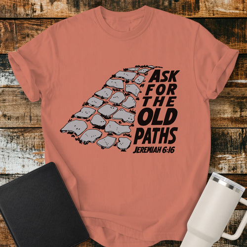 Terracotta Christian t-shirt featuring a vintage stone pathway illustration with bold retro lettering reading “Ask for the Old Paths” and Jeremiah 6:16.